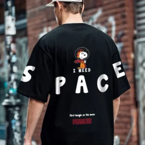 Men's Black Need Space Snoopy Graphic Printed Oversized T-shirt